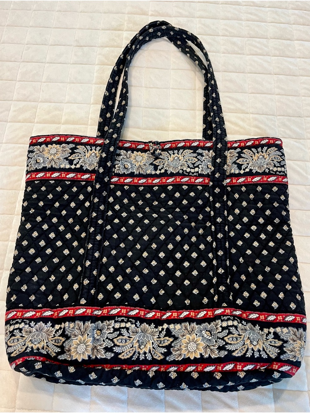 Vera Bradley Black Quilted Floral Tote with Red Trim